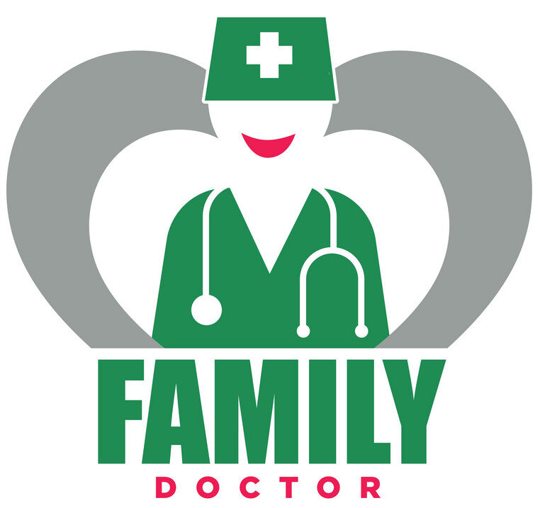Family doctor service promotional emblem with woman silhouette in green uniform, that has cross on hat and stethoscope on neck with thick sign underneath isolated cartoon flat vector illustration.